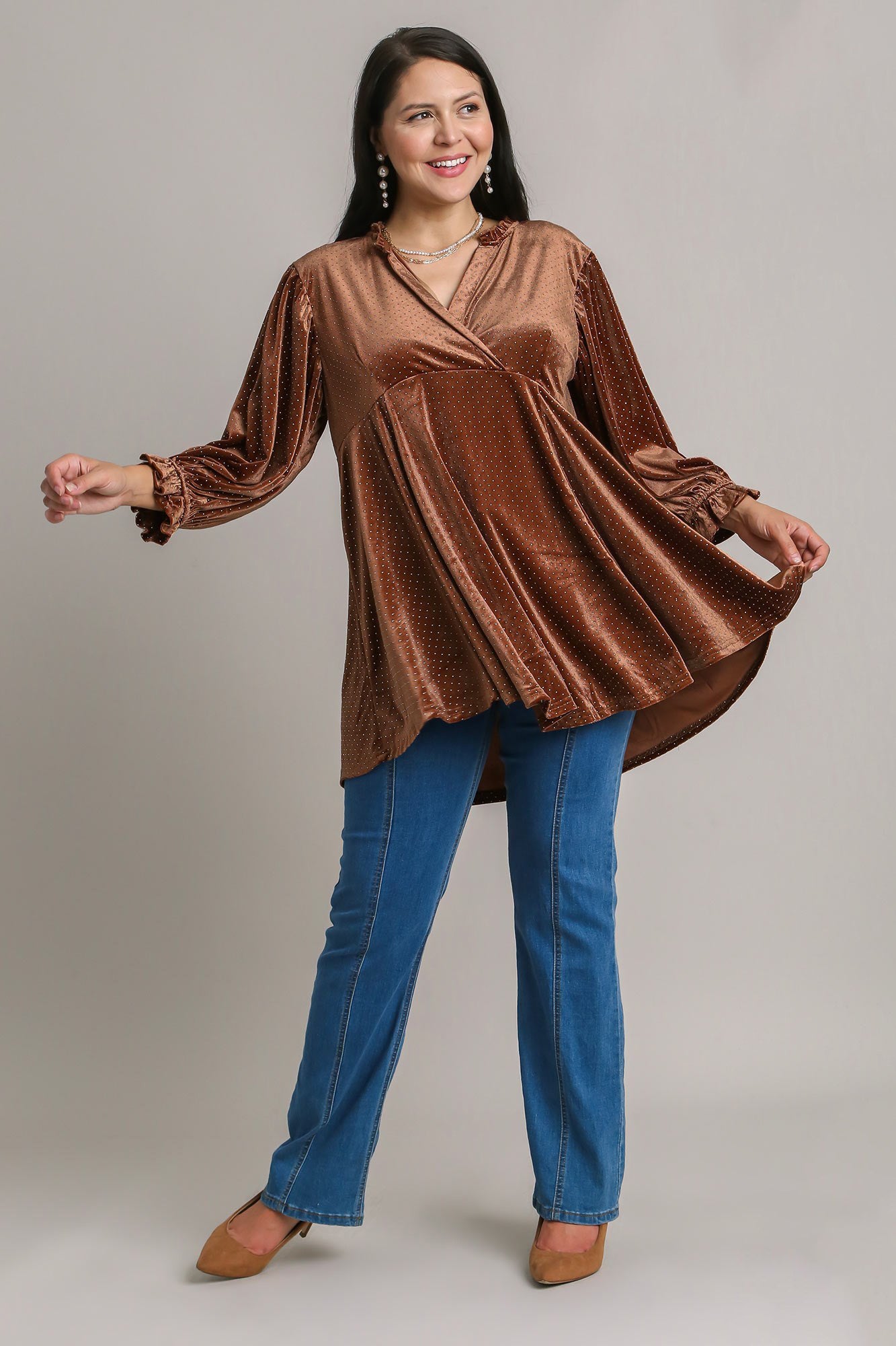 Umgee Beaded Frill Flounce Sleeve Velvet Babydoll Blouse in Brown Shirts & Tops