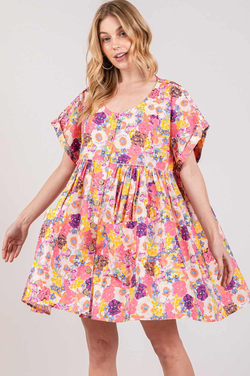 SAGE + FIG Floral Short Sleeve Babydoll Dress with Pockets Trendsi
