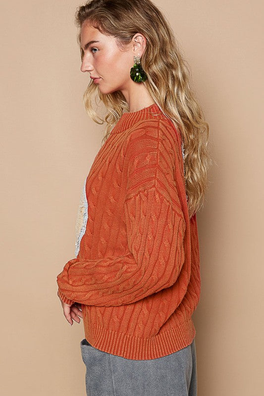 POL Orange Red Cable-Knit Peace Patch Dropped Shoulder Sweater