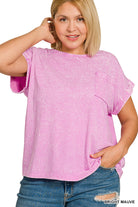 Zenana Bright Mauve Crinkle Washed Round Neck Folded Short Sleeve Tee Plus Size