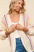 Haptics Striped Crochet Open Front Cardigan Oatmeal Coral Yellow
