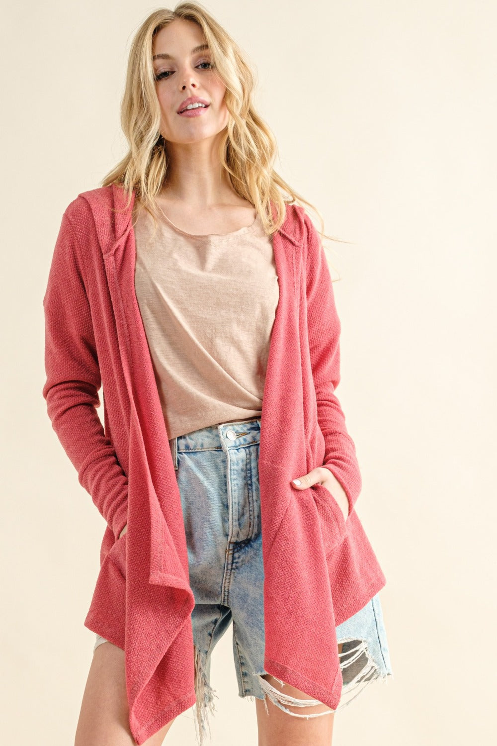 And The Why Rose Pink Thermal Hooded Open Front Cardigan with Pockets