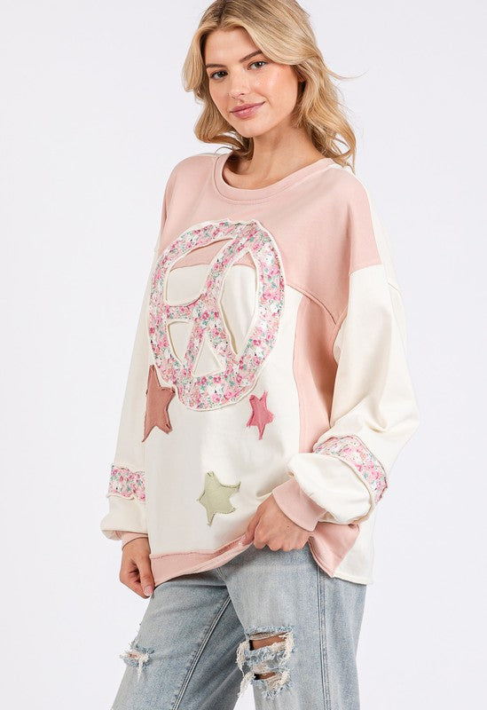 SAGE + FIG Peace & Star Patch Contrast Round Neck Sweatshirt Shirts & Tops