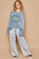 POL Light Blue Peace Embroidered Exposed Seam Back Ruffle V-Neck Top Shirts & Tops