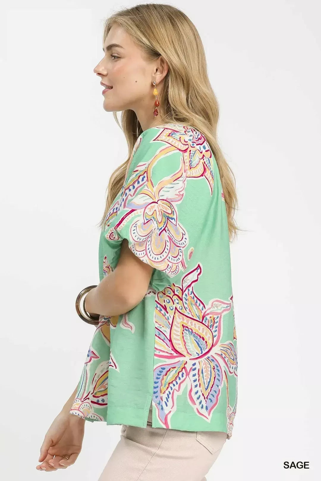 Umgee Sage Paisley Print Puff Sleeve Blouse