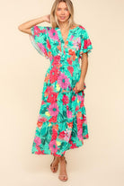 Haptics Multicolor Tropical Floral Smock Waist Tiered Midi Dress