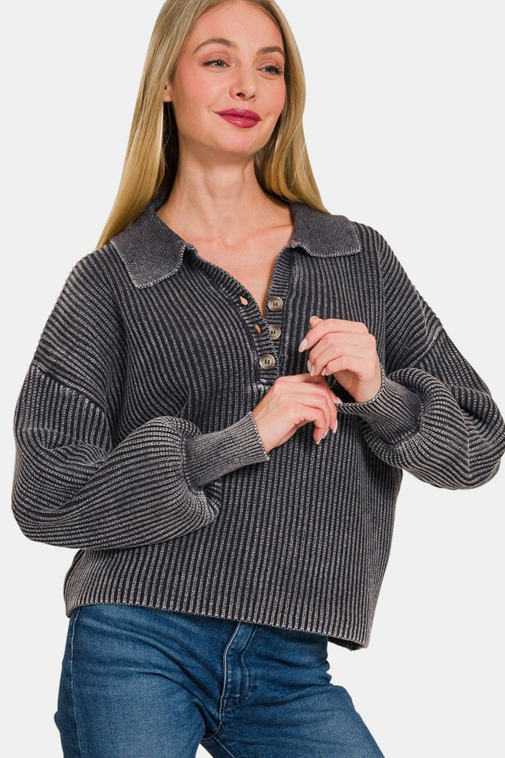 Zenana Black Washed Half Button Long Sleeve Sweater Trendsi