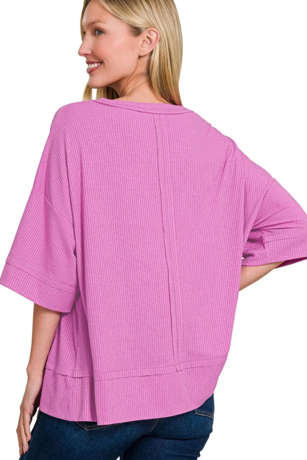 Zenana Mauve Ribbed Boat Neck 3/4 Sleeve Top