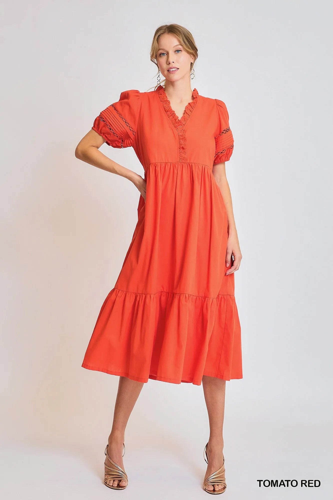 Umgee Tomato Red Short Sleeve Lace-Trim Ruffled Midi Dress