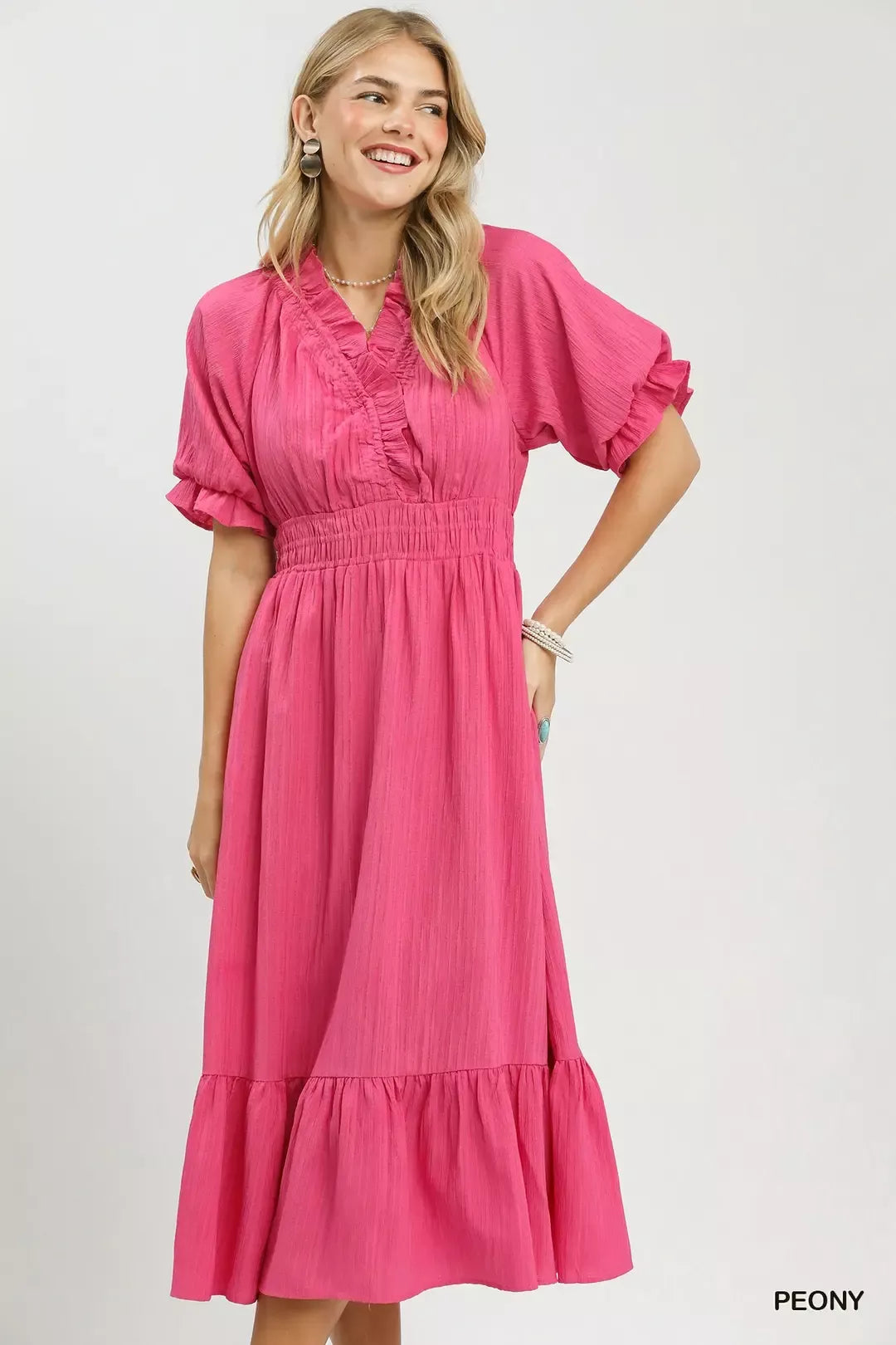 Umgee Peony Ruffle V-Neck Midi Dress