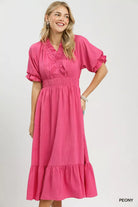Umgee Peony Ruffle V-Neck Midi Dress
