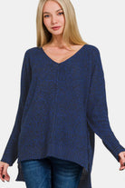 Zenana Dark Navy High-Low Center Seam V-Neck Sweater Dark Navy Shirts & Tops