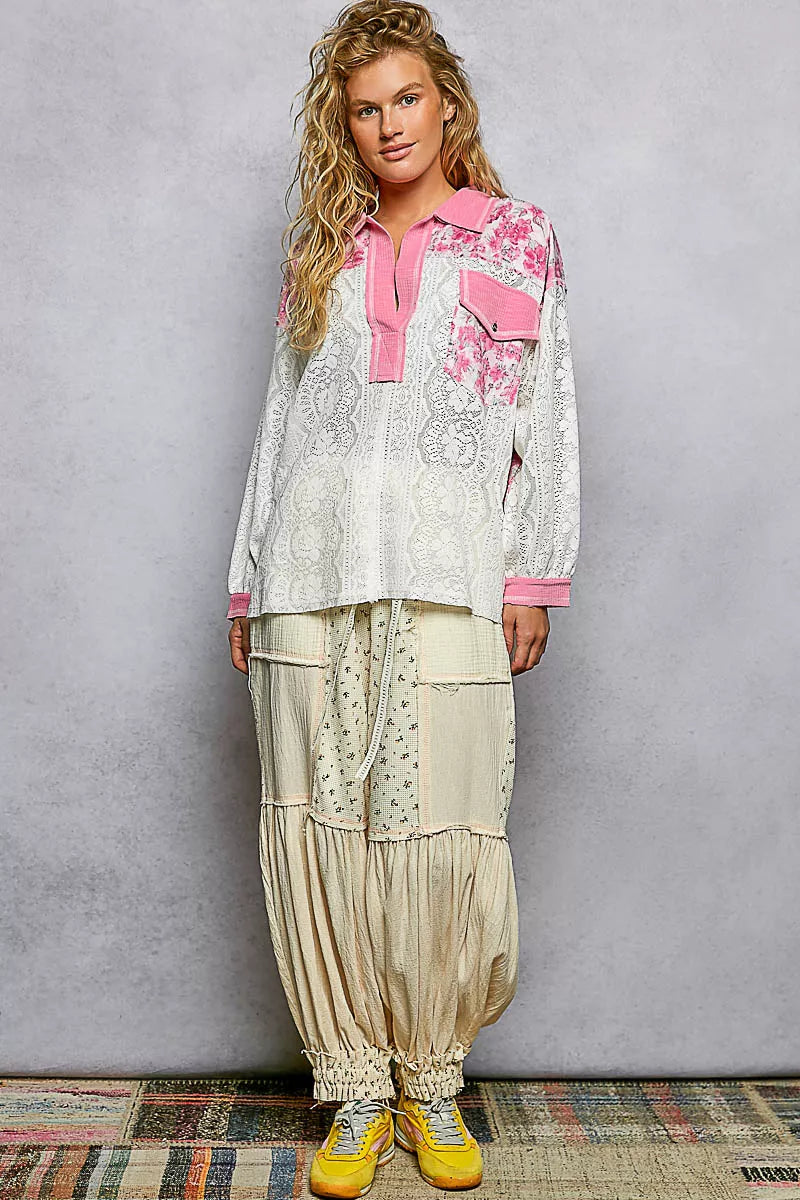 POL Candy Pink Floral Print Long Sleeve Lace Shirt with Front Pocket