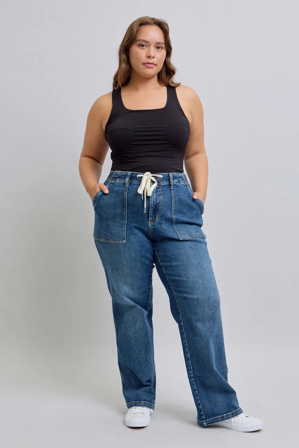 Judy Blue Plus Size High Waist Drawstring Wide Leg Jeans Medium