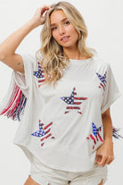 BiBi American Flag Sequin Star Fringe Top OFF WHITE