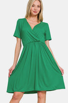 Zenana Green Surplice Short Sleeve Brushed DTY Dress Green Dresses