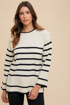 Annie Wear Ribbed Side Slit Striped Round Neck Sweater