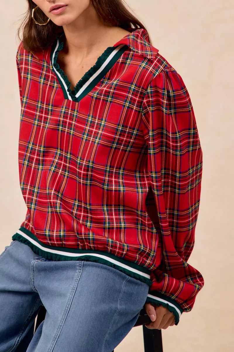 BiBi Christmas Red Plaid Collared Top with Ruffled Detail