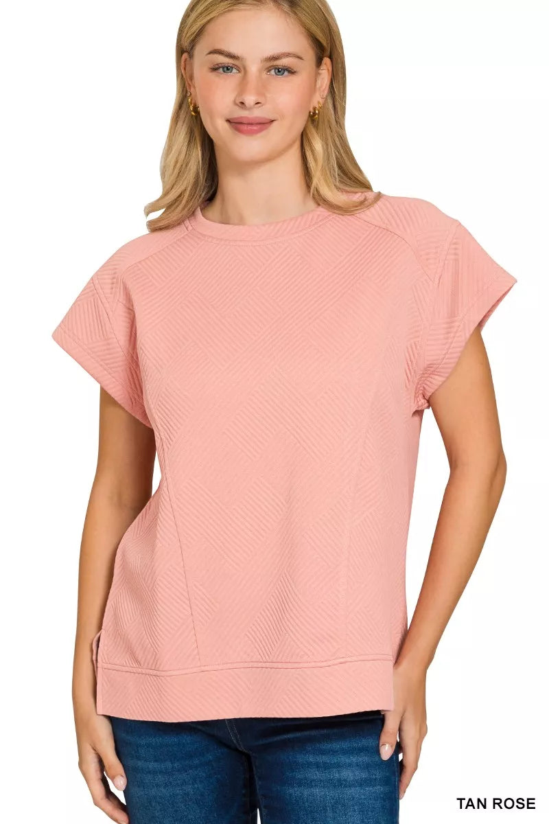 Zenana Tan Rose Textured Knit Jacquard Short Sleeve Top TAN ROSE