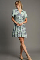 Umgee Light Green Landscape Print Collared Mini Dress