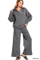 Zenana Charcoal Scuba Collared Pullover and Pants Set