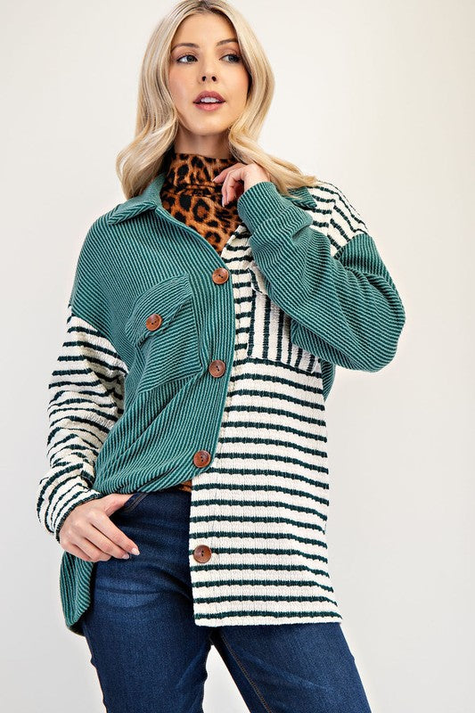 Celeste Turquoise Striped Button Up Dropped Shoulder Shacket Coats & Jackets