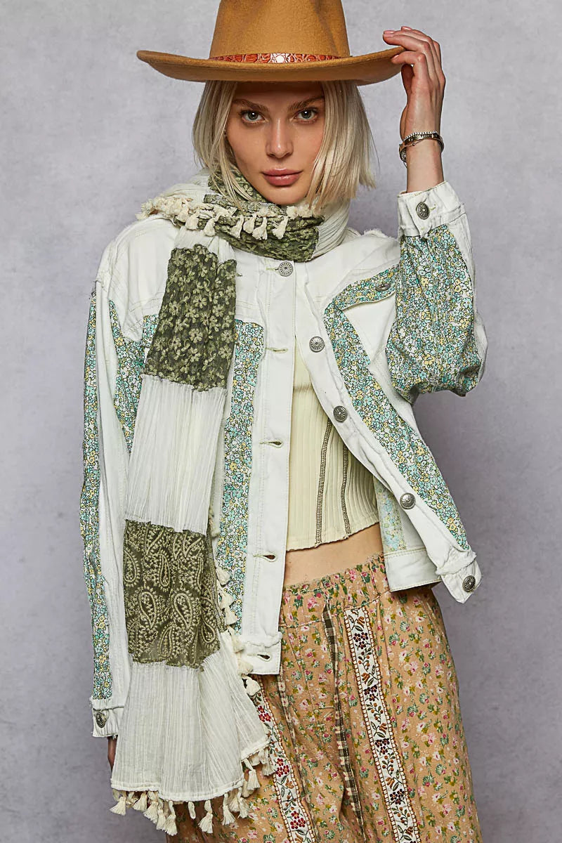 POL Off White Button Down Patchwork Denim Jacket with Floral Print Details