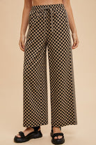 Annie Wear Drawstring Camel Checkered Wide Leg Pants