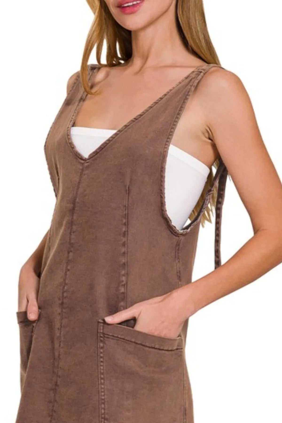 Zenana Mahogany Washed Denim Overall Dress