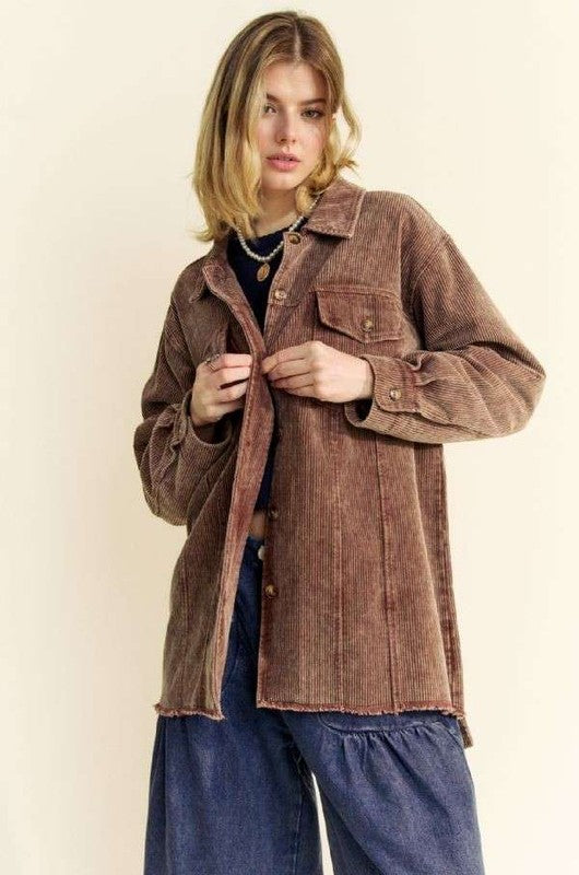 Davi & Dani Dark Drown Washed Corduroy Raw Hem Button Up Jacket Coats & Jackets