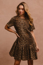 BiBi Tie Back Leopard Round Neck Short Sleeve Midi Dress Leopard