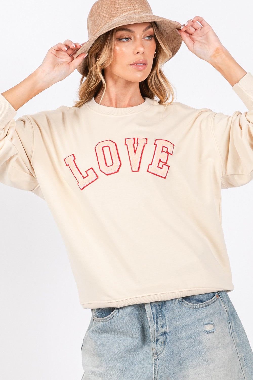 SAGE + FIG Ivory LOVE Path Applique Drop Shoulder Sweatshirt Ivory Trendsi