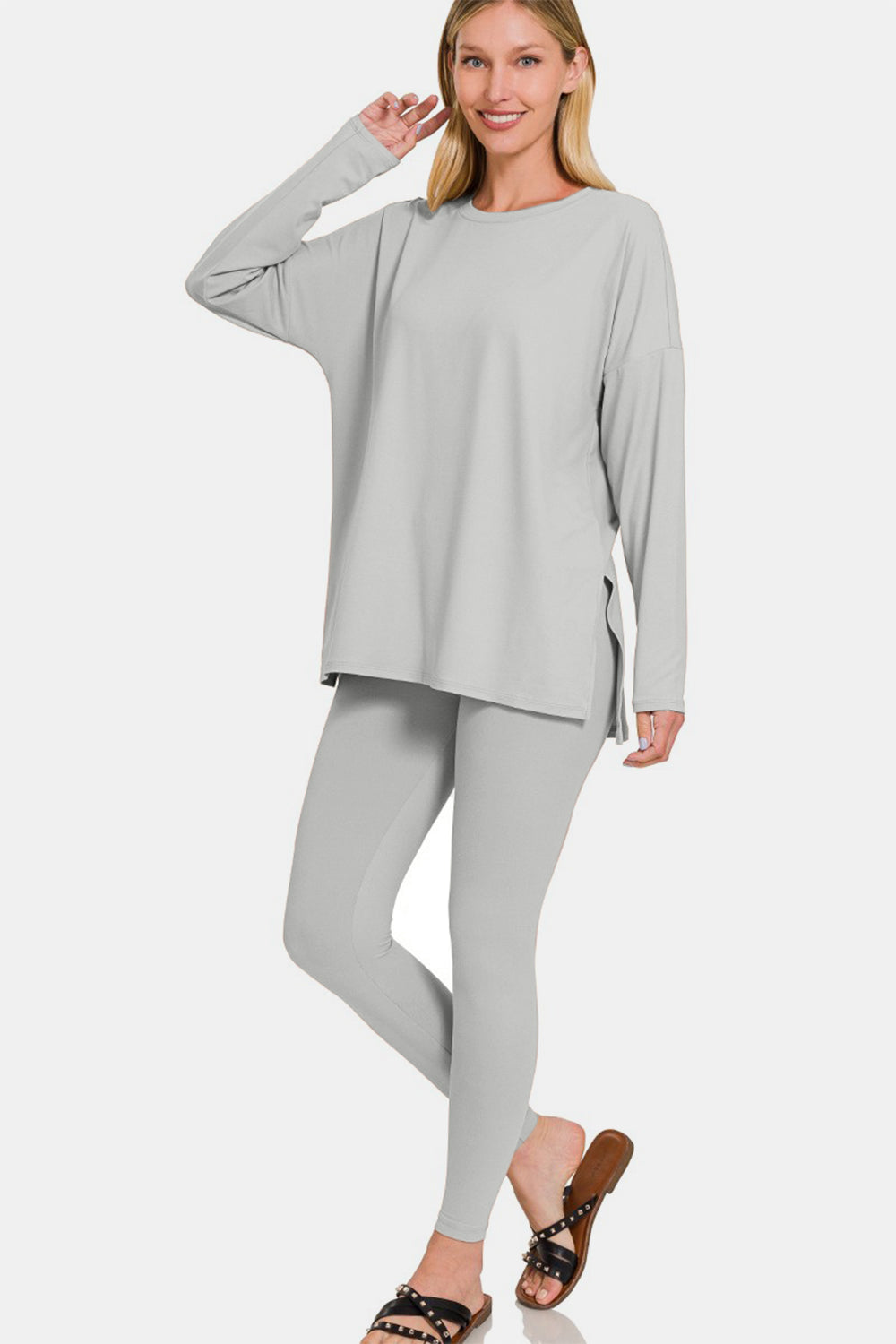 Zenana Light Grey Brushed Microfiber Long Sleeve Top and Leggings Lounge Set Trendsi