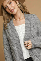 Umgee Heather Grey Chunky Cable Knit Open Front Cardigan