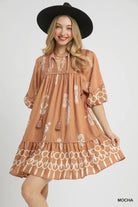 Umgee Border Print Tassel Tie Neck Mini Dress Mocha