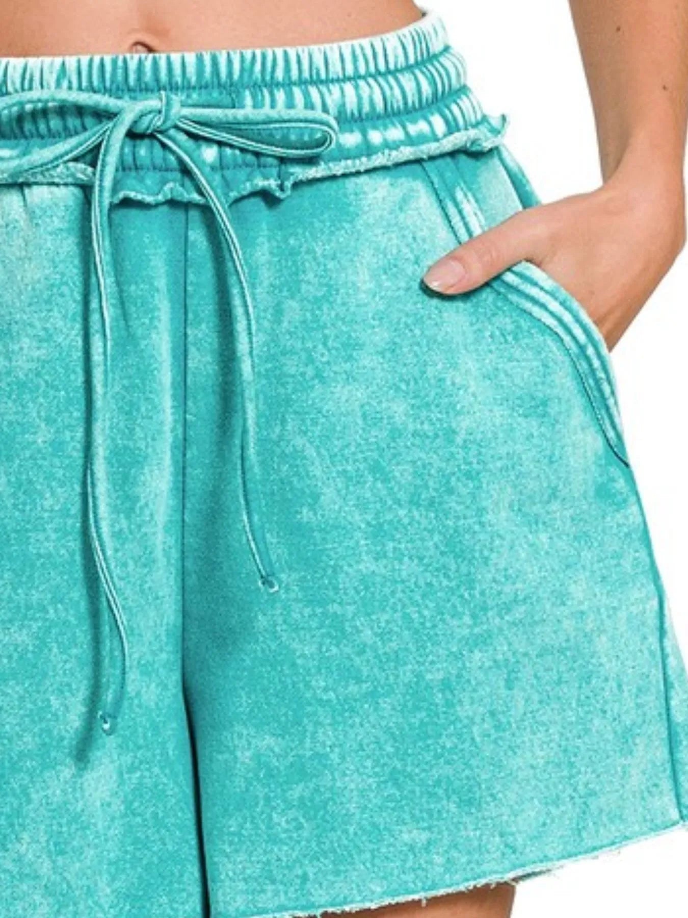 Zenana Light Teal Acid Wash Fleece Drawstring Shorts With Pockets