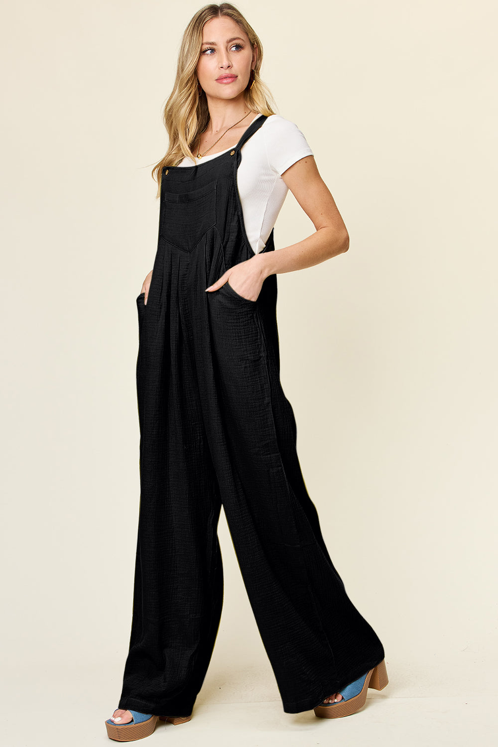 Double Take Preorder Textured Wide Strap Wide Leg Overalls Trendsi