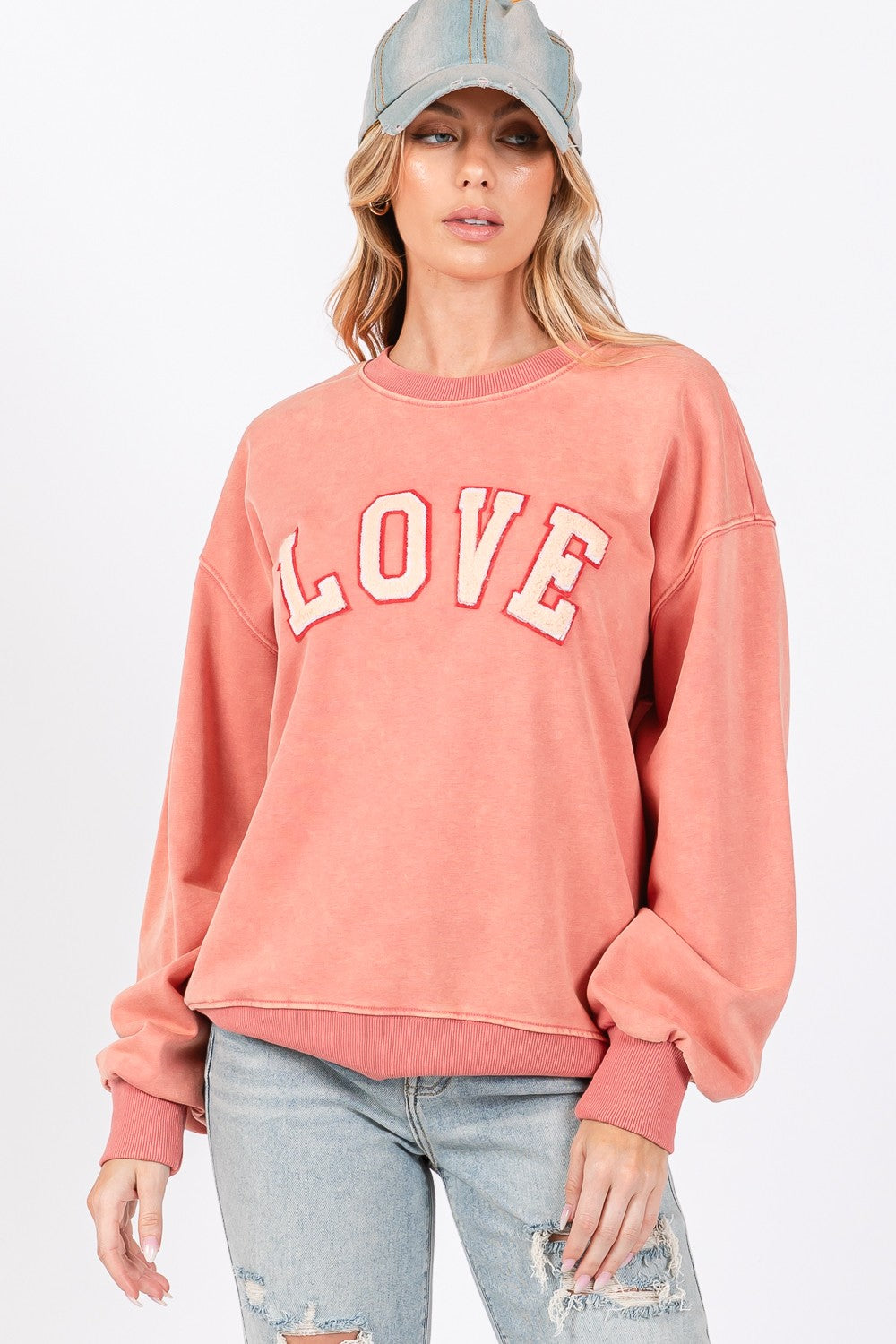 SAGE + FIG Pink Orange LOVE Path Applique Drop Shoulder Sweatshirt Trendsi