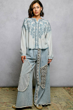 POL Denim Blue Floral Embroidered Button Down Long Sleeve Shirt