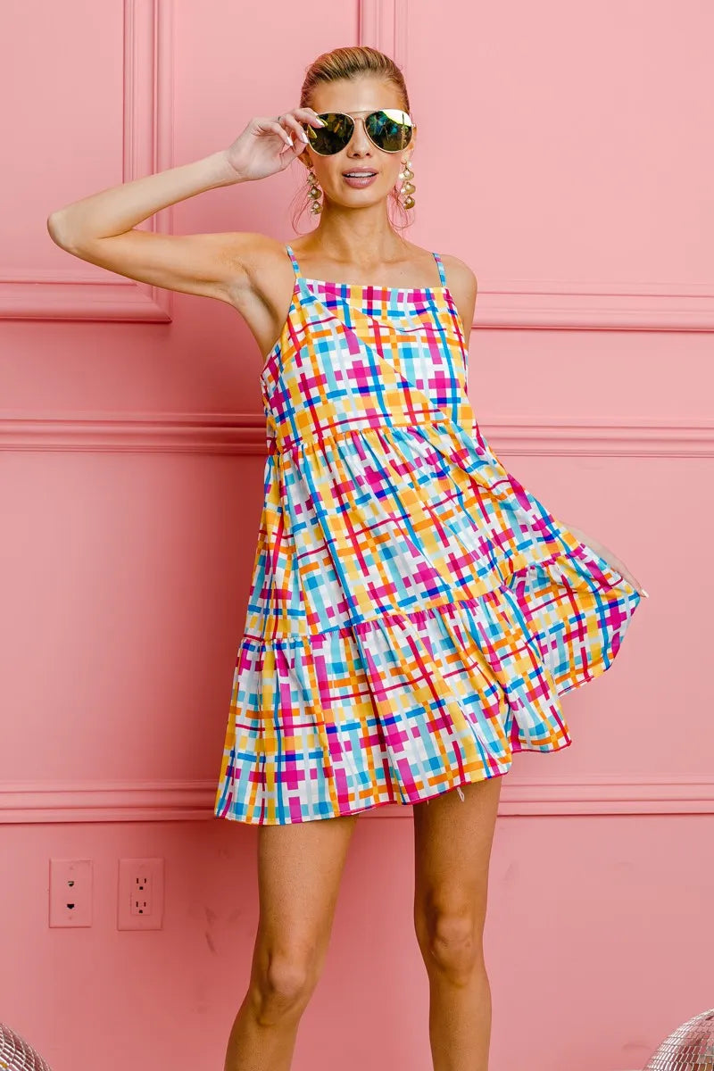 BiBi Multi Colors Plaid Sleeveless Sun Dress