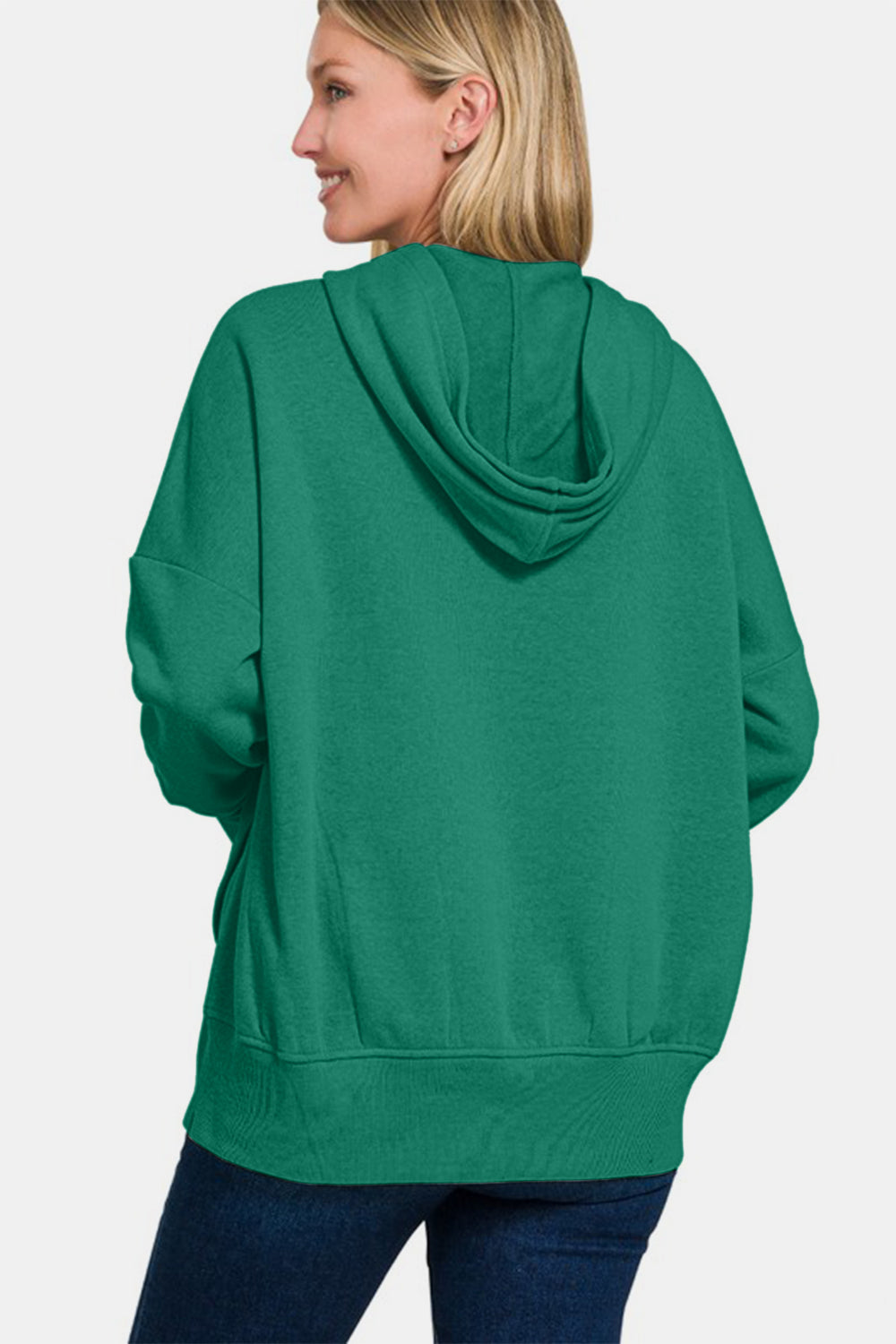 Zenana Dark Green Half Snap Long Sleeve Hoodie with Kangaroo Pocket Shirts & Tops