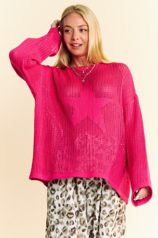 Davi & Dani Deep Rose Star Front Crochet Open Knit Sweater Shirts & Tops