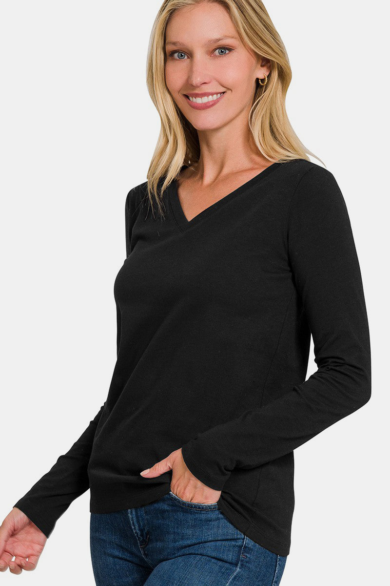 Zenana Black V-Neck Long Sleeve T-Shirt Shirts & Tops