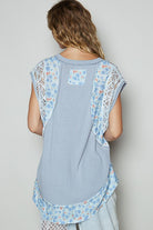 POL Light Blue Floral Frayed Hem Crochet Cap Sleeve Top