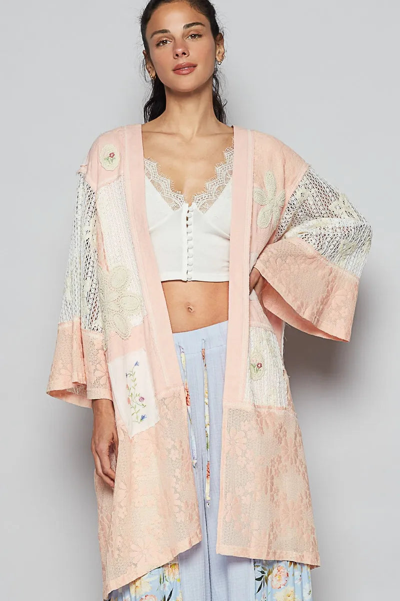 POL Pink Double Gauze and Lace Mix Cardigan with Embroidered Detail Watermelon pink