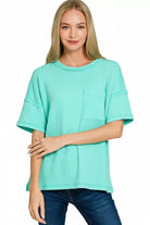 Zenana Mint Raised Rib Exposed Seam Short Sleeve Top
