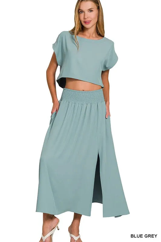 Zenana Blue Gray Heavy Woven Span Crop Tee & Skirt Set