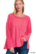 Zenana Brushed Hacci Exposed Seam Hi Low Sweater HOT PINK