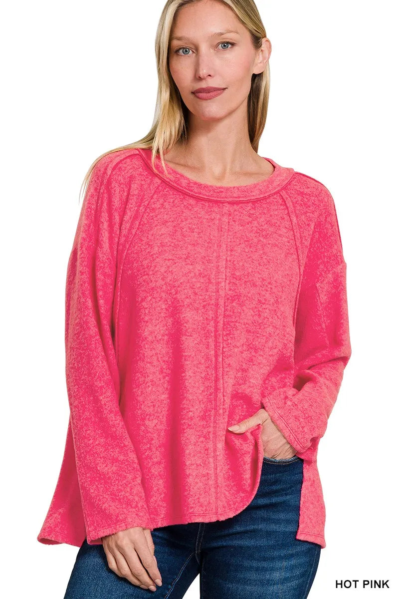 Zenana Brushed Hacci Exposed Seam Hi Low Sweater HOT PINK