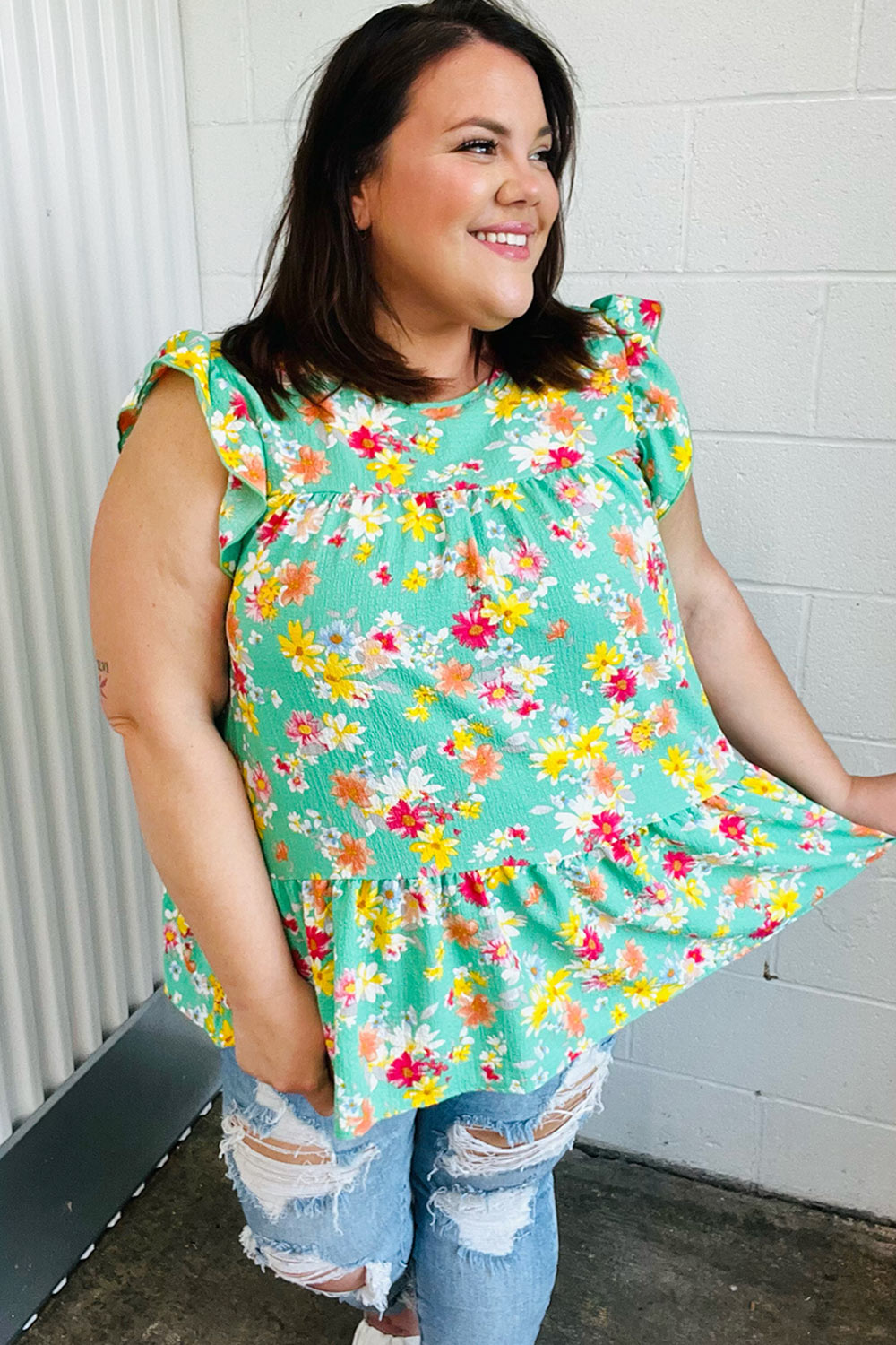 Haptics Mint Floral Yoke Flutter Sleeve Keyhole Back Top Final Sale